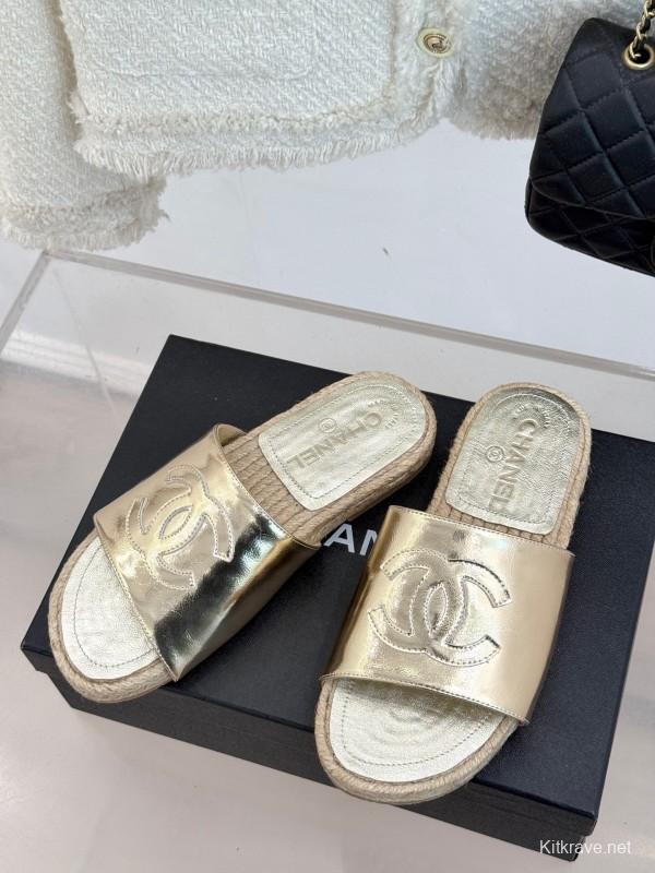 2025 Women Chanel Gold Leather Slippers