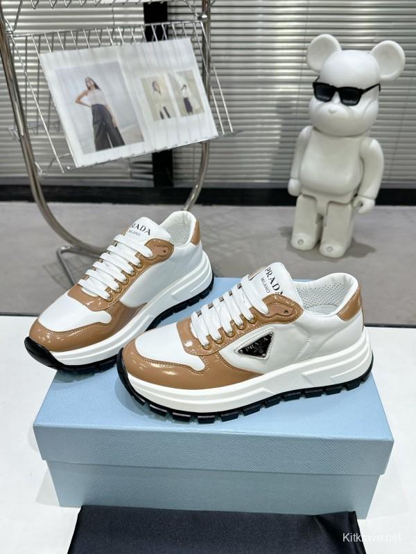 2025 Women Prada White Brown Leather Sneakers