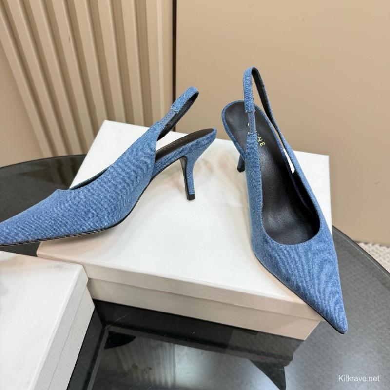 2025 Women CELINE Blue Denim Slingback Heels