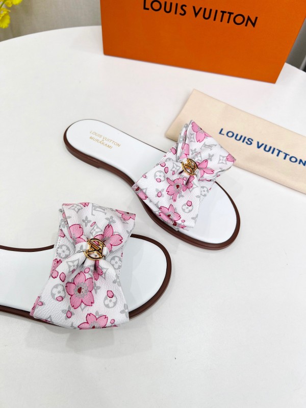 2025 Women Louis Vuitton White Pink Leather Slippers LY00190