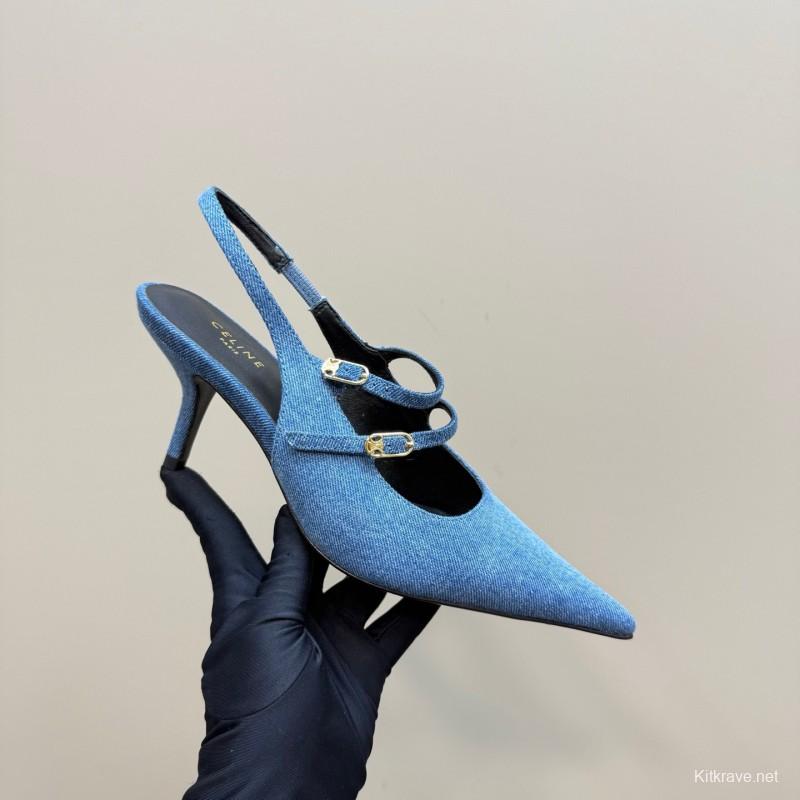 2025 Women CELINE Blue Denim Leather Pointed Toe Slingback Heels KFY00290