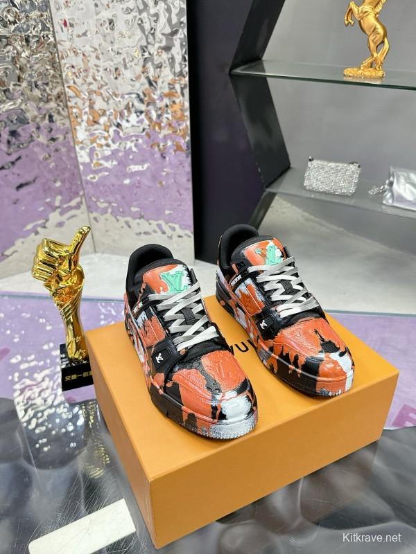 2024 Unisex Louis Vuitton Orange Black White Leather Denim Plimsolls Artist Hand-drawn MJ00780