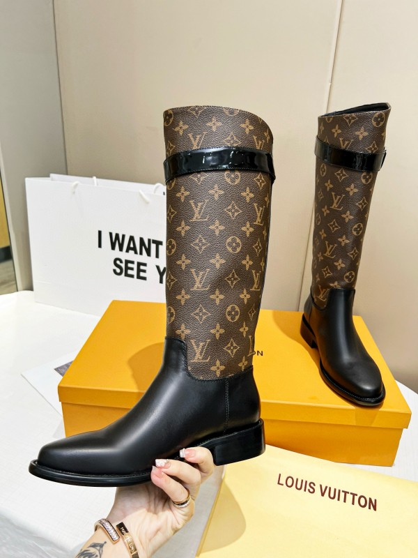 2024 Women Louis Vuitton Brown Black Leather Canvas Boots MJ00400