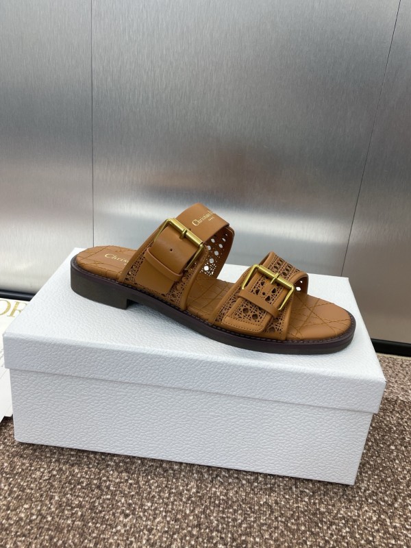 2025 Women Dior Brown Leather Slip-on Sandals
