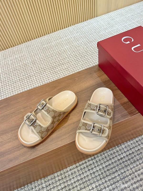 2025 Women Gucci Beige Canvas Leather Slippers LY00360