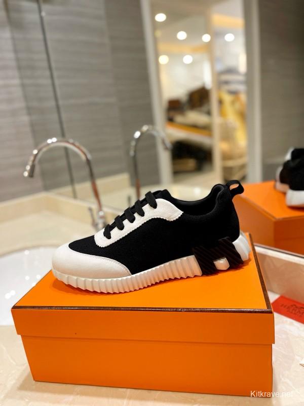 2024 Unisex Hermès Black White Knitted Leather Sneakers