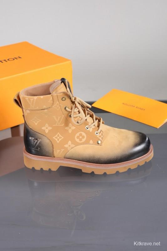 2024 Men Louis Vuitton Beige Black Leather Canvas Boots MJ00470
