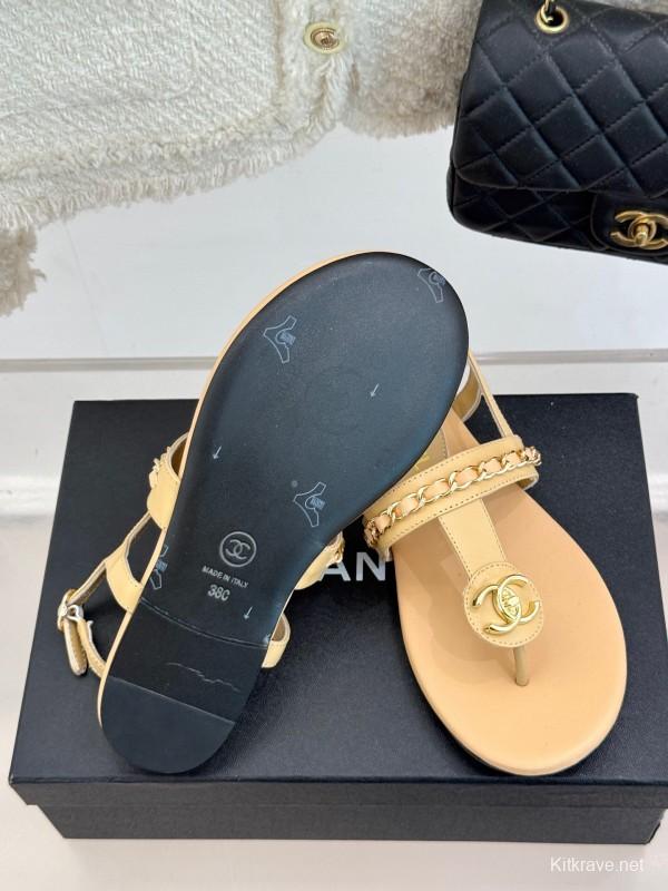 2025 Women Chanel Apricot Leather Sandals KFY00250
