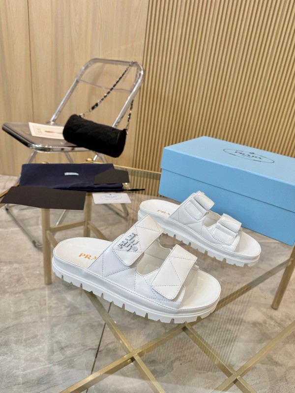 2025 Women Prada White Leather Slippers LY00270