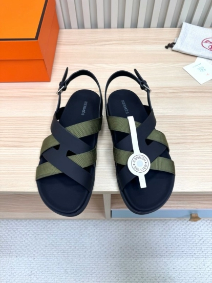 2025 Women Hermès Black Green Leather Nylon Sandals LY00270