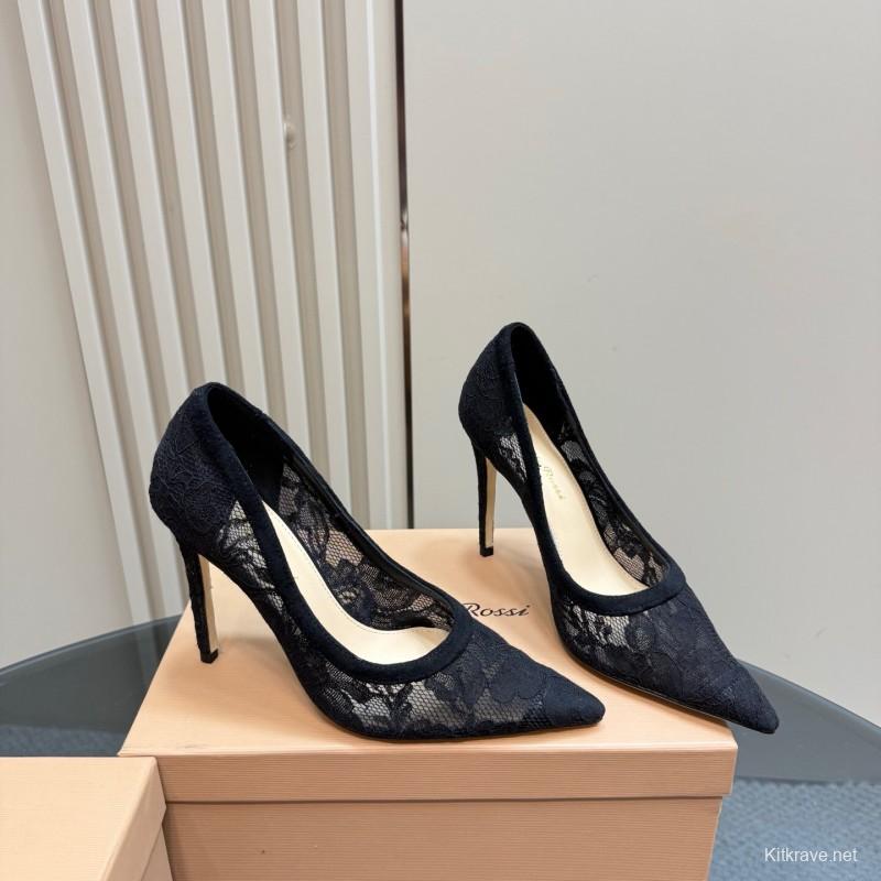 2025 Women Gianvito Rossi Black Lace Leather High Heel KFY00280