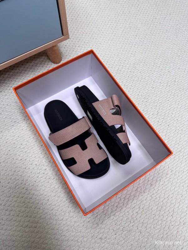 2025 Women Hermès Beige Black Leather Slippers
