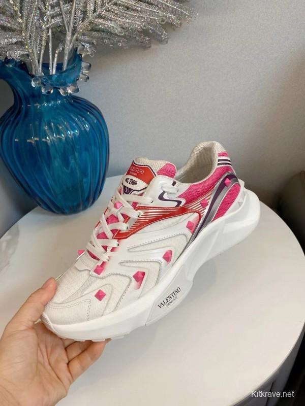 2024 Unisex Valentino White Pink Mesh Leather Sneakers MJ00410