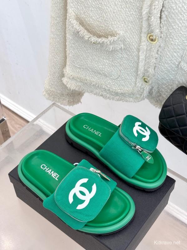 2025 Slippers Chanel Green Canvas Women Slippers KFY00220
