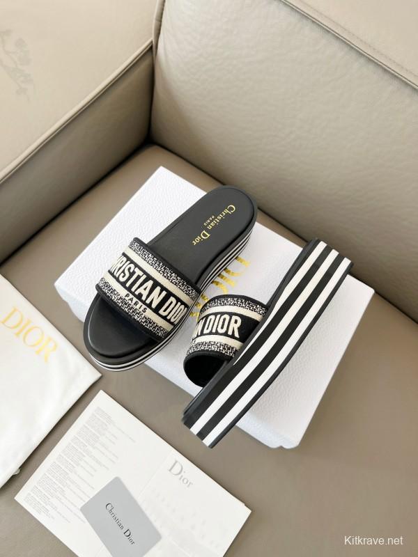 2025 Women Dior Black White Canvas Platform Sandals