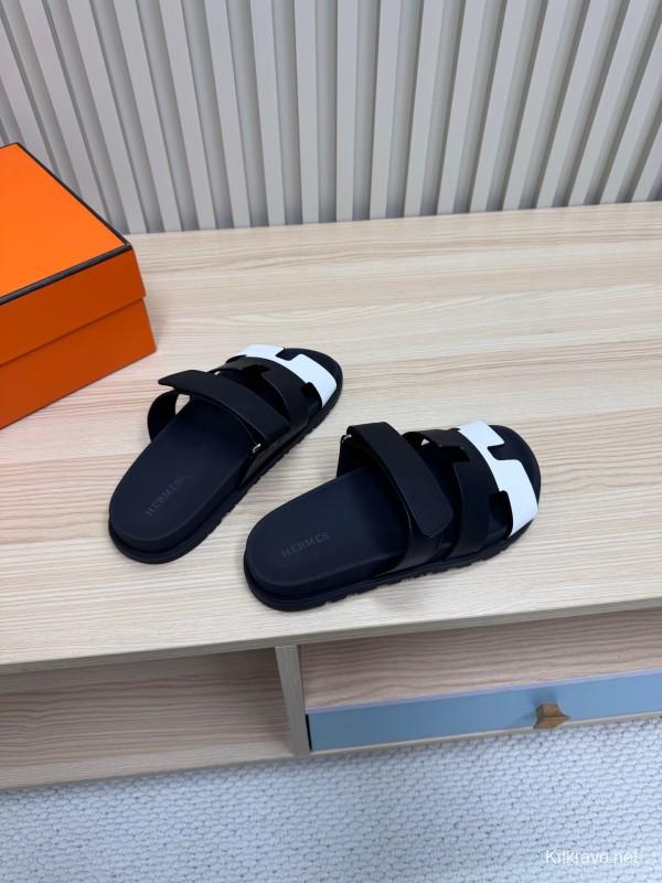 2025 Slippers Hermès Black White Leather Slippers