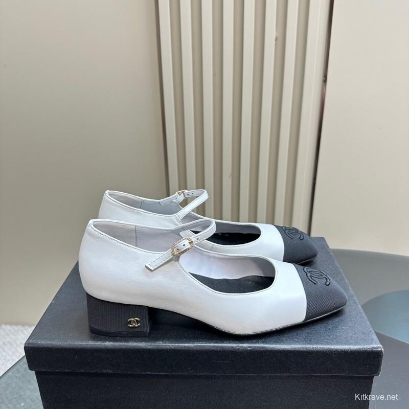 2025 Women Chanel White Black Leather Mary Jane Shoes