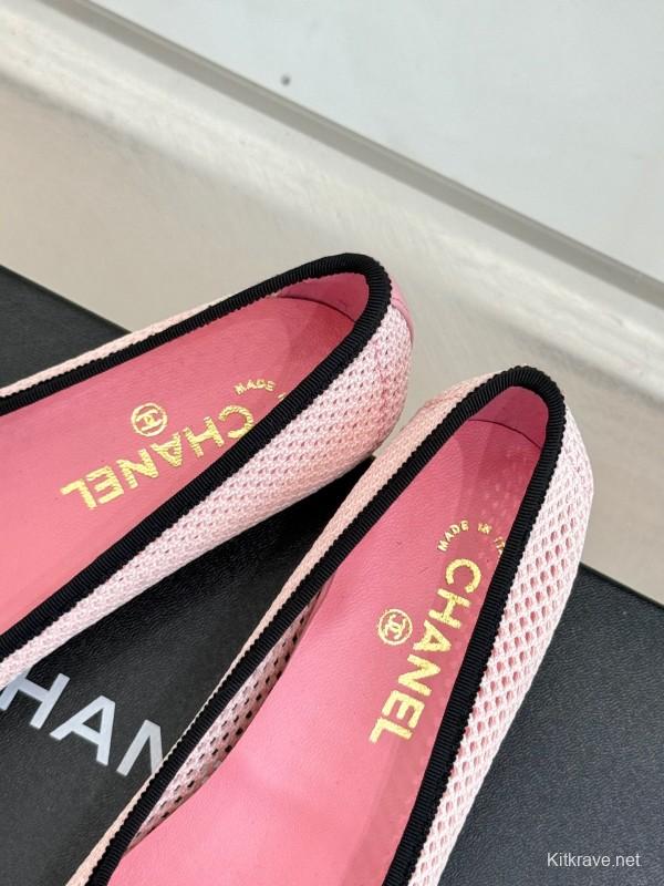 2025 Women Chanel Pink Black Mesh Ballet Flats KFY00260