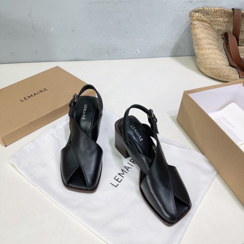 2025 Women Lemaire Black Leather Block Heel Sandals