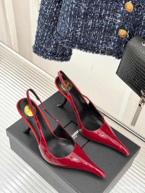 2025 Women Yves Saint Laurent Burgundy Patent Leather Slingback Heels