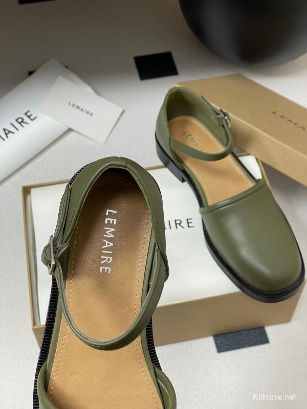 2025 Women Lemaire Green Leather Mary Jane Shoes