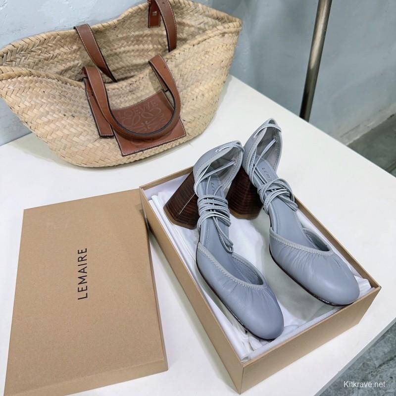 2025 Women LEMAIRE Grey Leather Mary Jane Block Heel KFY00300