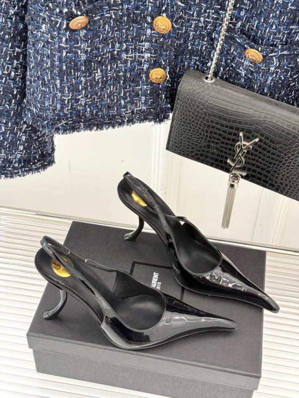 2025 Women YSL Black Patent Leather High Heel Slingback KFY00290