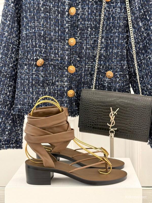 2025 Women Yves Saint Laurent Brown Leather Sandals KFY00300