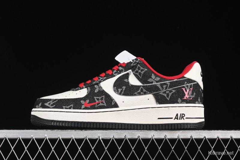 Nike Air Force 1 '07 Low LV Collaboration Black Denim Red Swoosh Casual Sneakers - LW9279-001