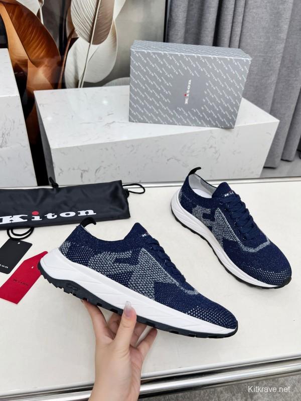 2025 Unisex Kiton Blue White Knit Sneakers AS00320