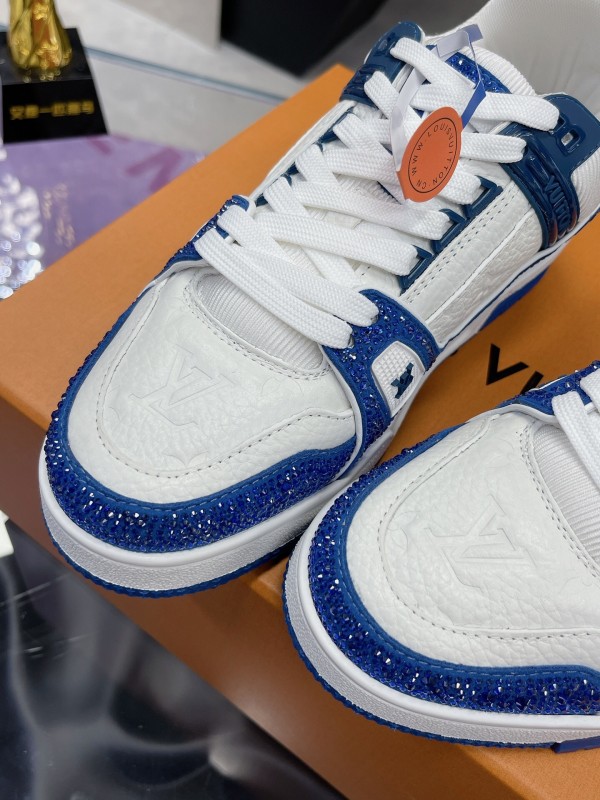 2025 Unisex Louis Vuitton Blue White Leather Plimsolls Handcrafted Beaded AS00400