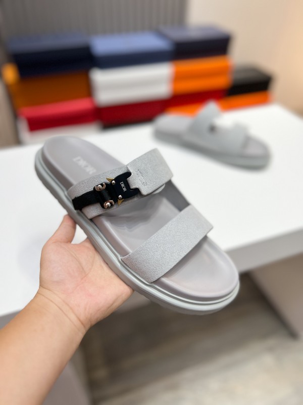 2025 Men Dior Grey Suede Leather Slippers CD Diamond AS00190