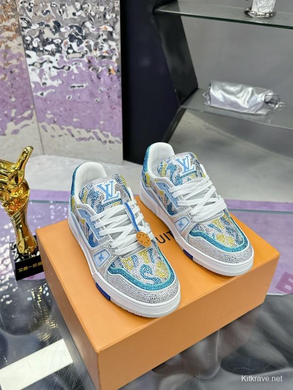 2025 Unisex Louis Vuitton Blue Yellow White Leather Denim Plimsolls Handcrafted Rhinestone AS00400
