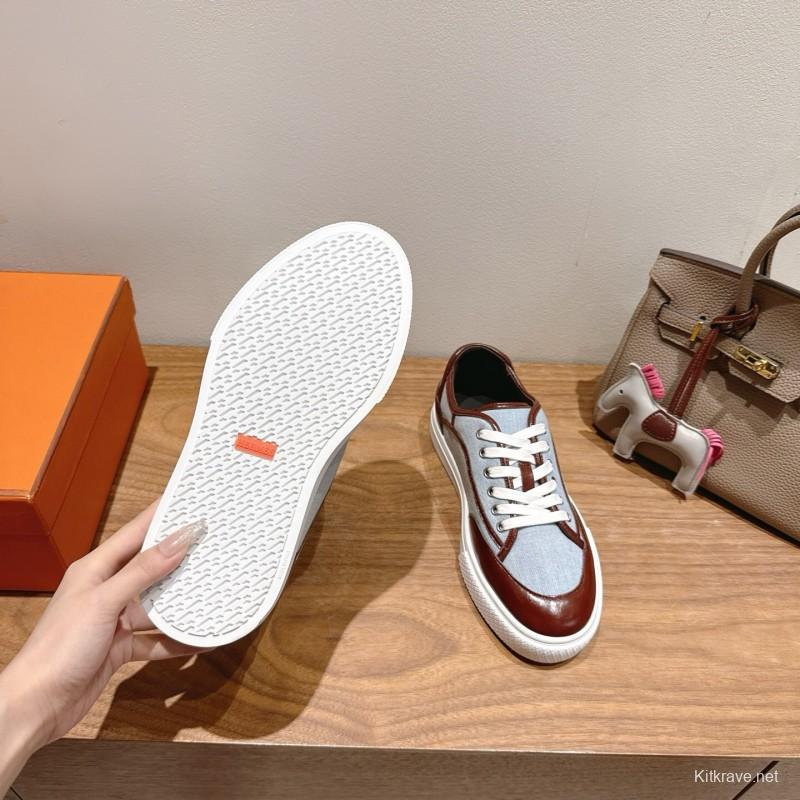 2025 Unisex H Brown Blue Leather Knit Sneakers AS00380