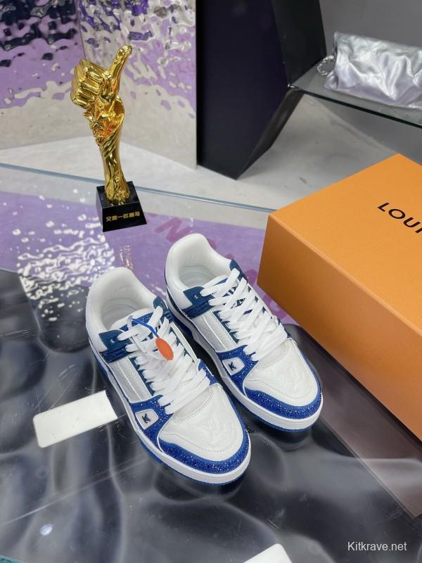 2025 Unisex Louis Vuitton Blue White Leather Plimsolls Handcrafted Beaded AS00400