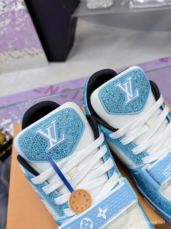 2025 Unisex Louis Vuitton Blue White Leather Denim Plimsolls Beaded LV Trainer AS00400