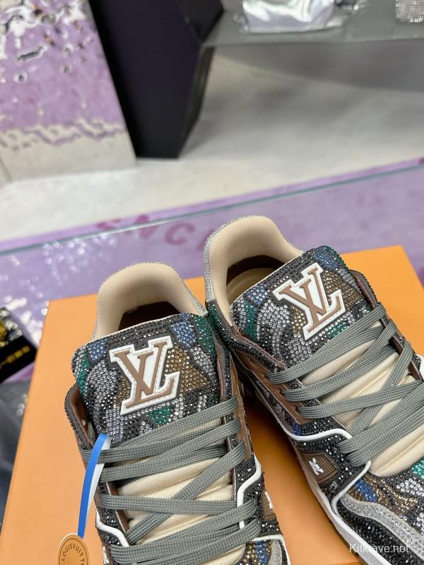 2025 Unisex Louis Vuitton Blue Grey Black Leather Fabric Sneakers Handcrafted Crystals AS00400