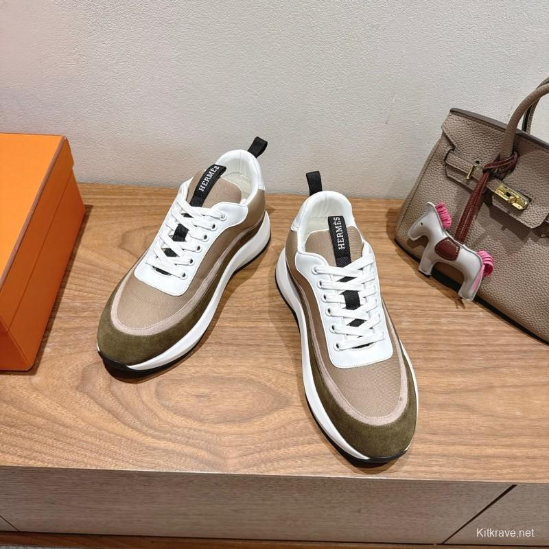 2025 Unisex HERMES White Beige Khaki Fabric Leather Sneakers AS00400