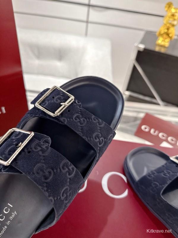 2025 Unisex Gucci Black Leather Fabric Slippers Double G Embossed AS00240