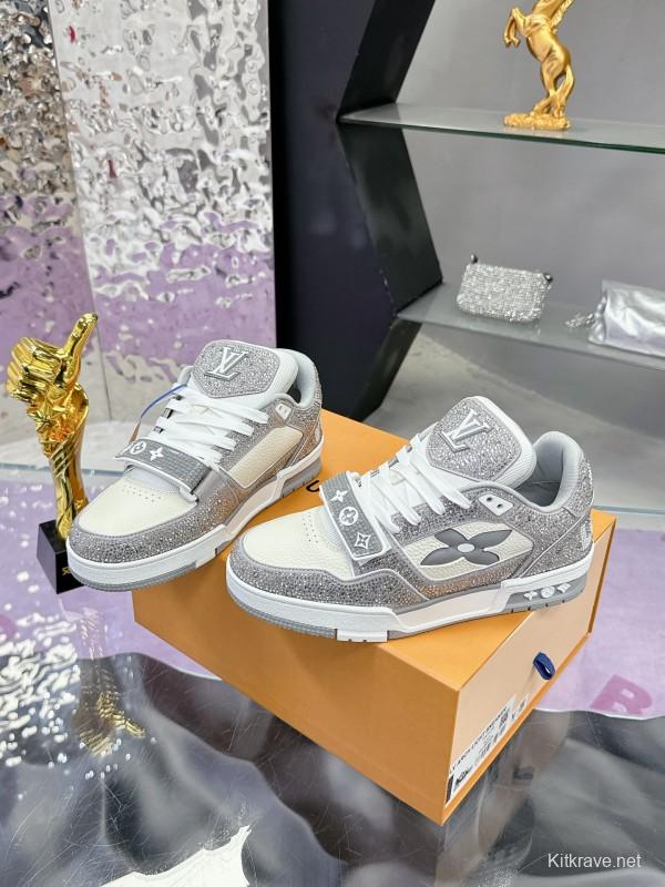 2025 Unisex Louis Vuitton Silver Grey White Leather Fabric Plimsolls Hand-Crafted Crystal AS00400