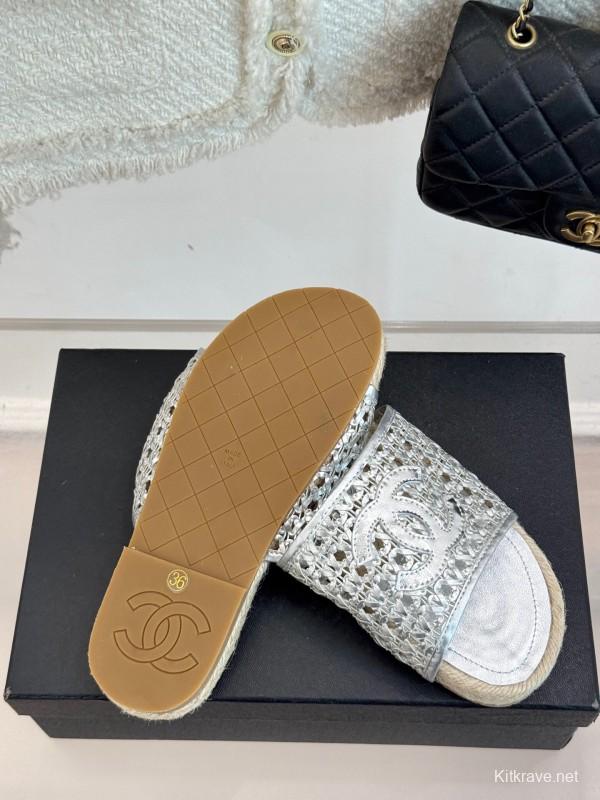 2025 Women Chanel Silver Leather Woven Fisherman Slippers KFY00240