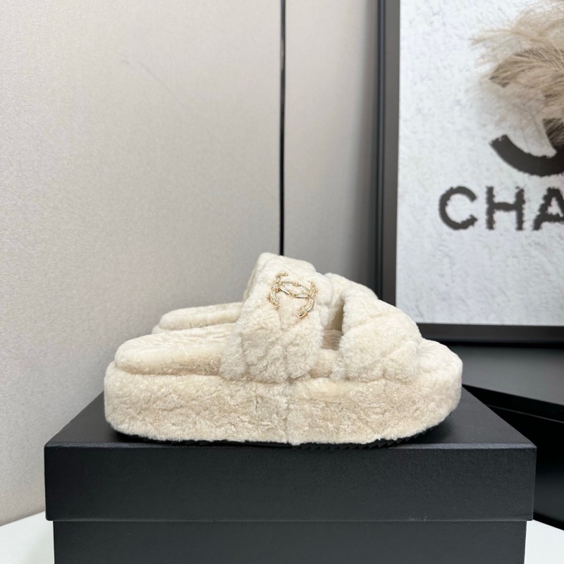 Chanel 2025 SS New Autumn Winter Lazy Sheep Genuine Wool Lazy Slippers Chanel Quilted Thick Sole Fur Slides - LY00300