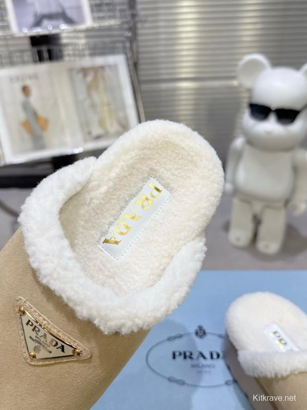 Prada 2025 SS Spring Fur Slippers with Rubber Sole - KFY00280
