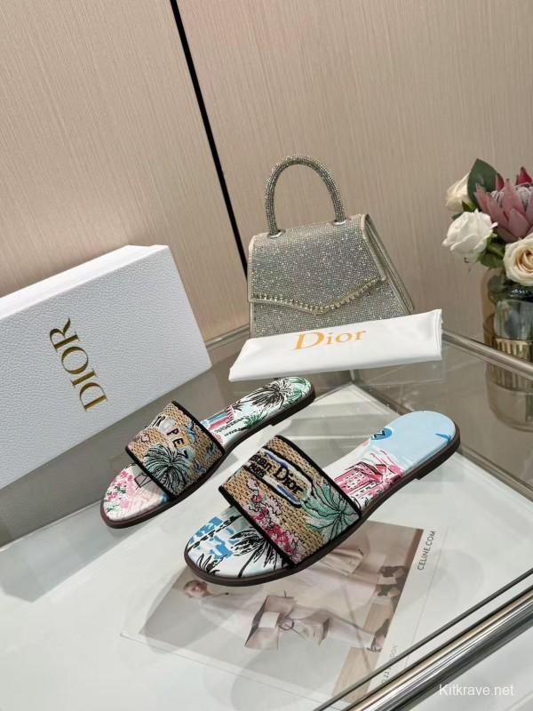 Dior 2025 SS CD Embroidered Monogram Slippers with Sheepskin Lining - LY00200