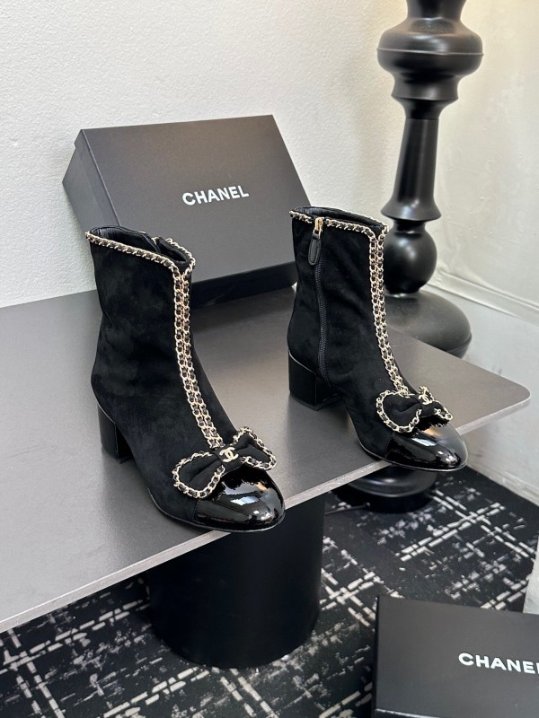 Chanel 2025 SS Chain Bow Chunky Heel Ankle Boots - LY00370