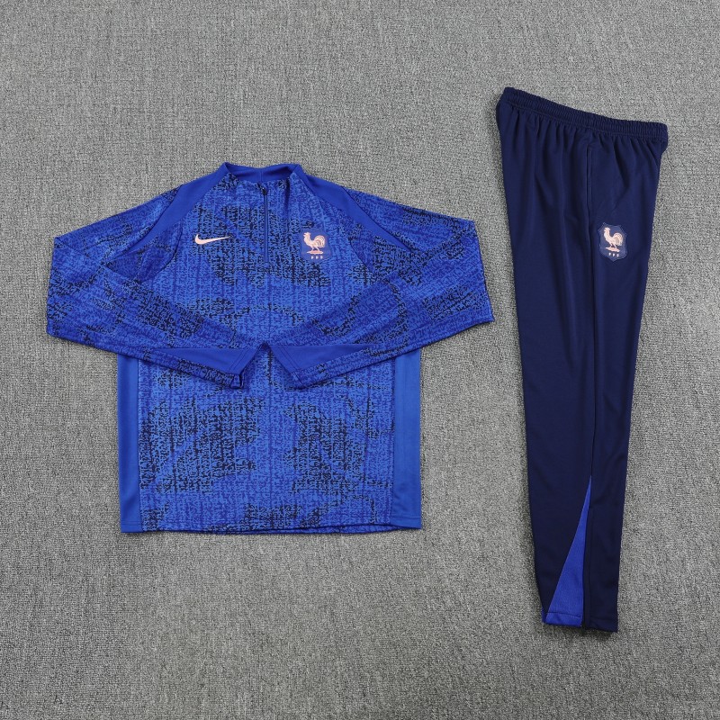 2025 France Royal Blue with Textured Pattern Half Zipper Jacket Tracksuit +Long Pants