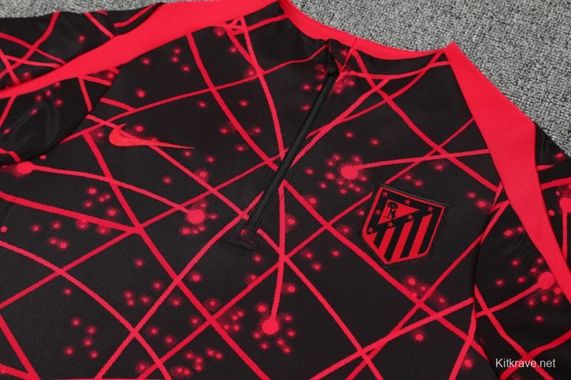 25/26 Atletico Madrid Black with Red Geometric Lines Pattern Half Zipper Jacket Tracksuit +Long Pants