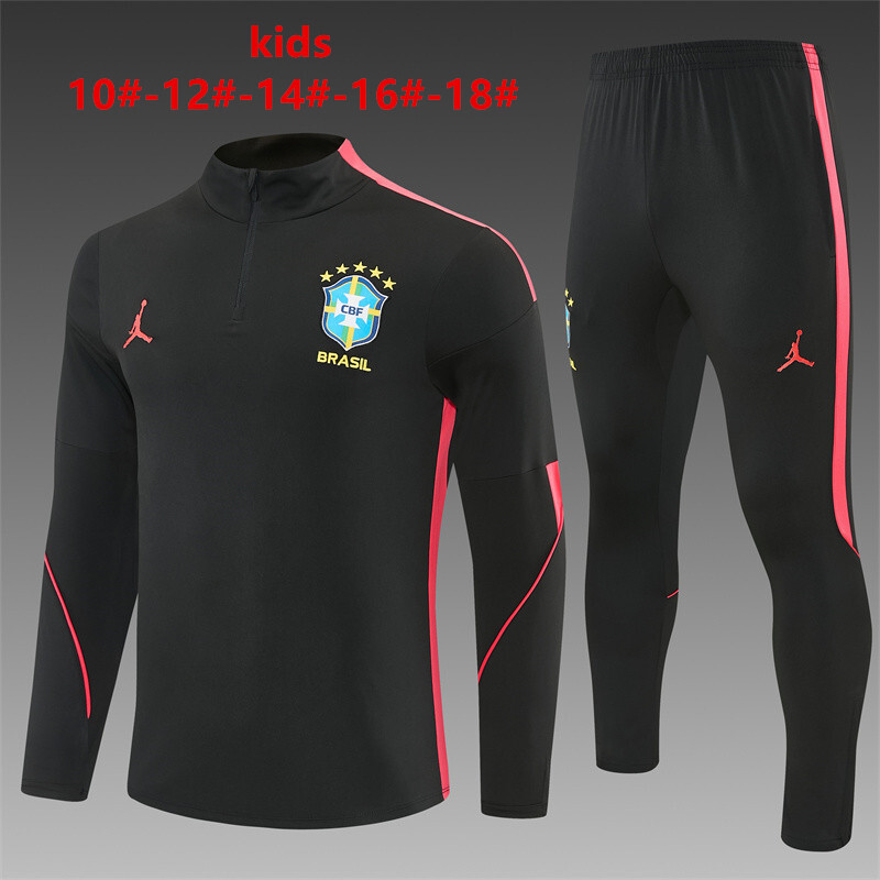 26/27 Kids Brazil Black & Red Half Zipper Jacket Tracksuit + Long Pants