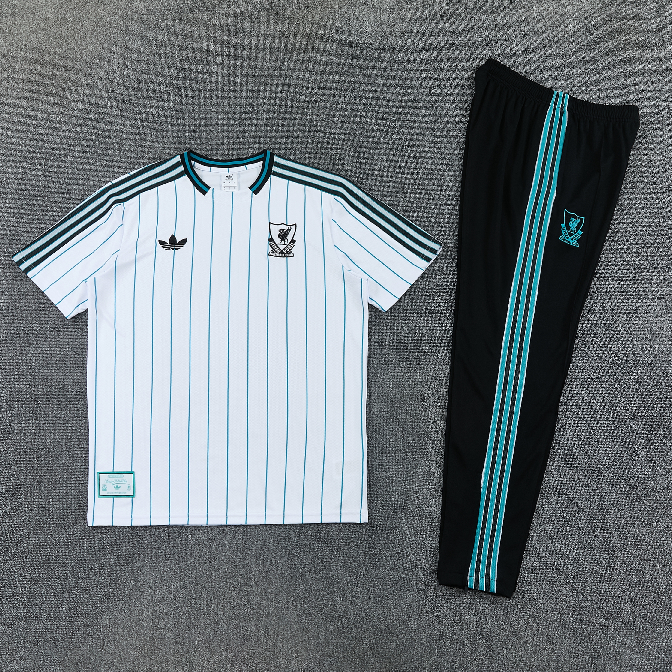 26/27 Liverpool White with Teal Pinstripe Short Sleeve Tracksuit + Long Pants