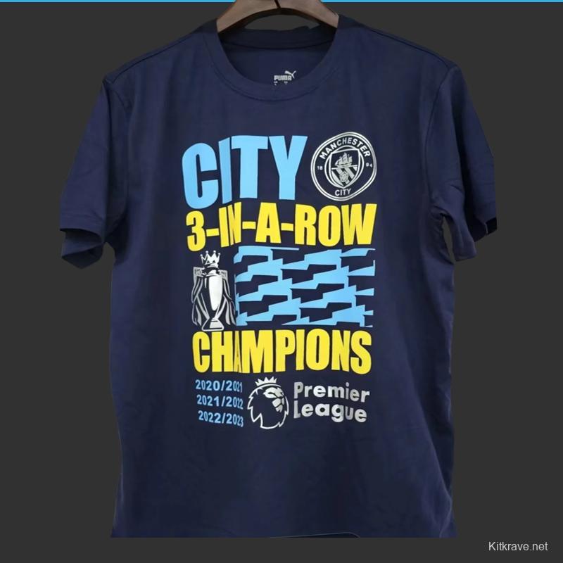 23/24 Manchester City Navy 3 In A Row Champions T-Shirt